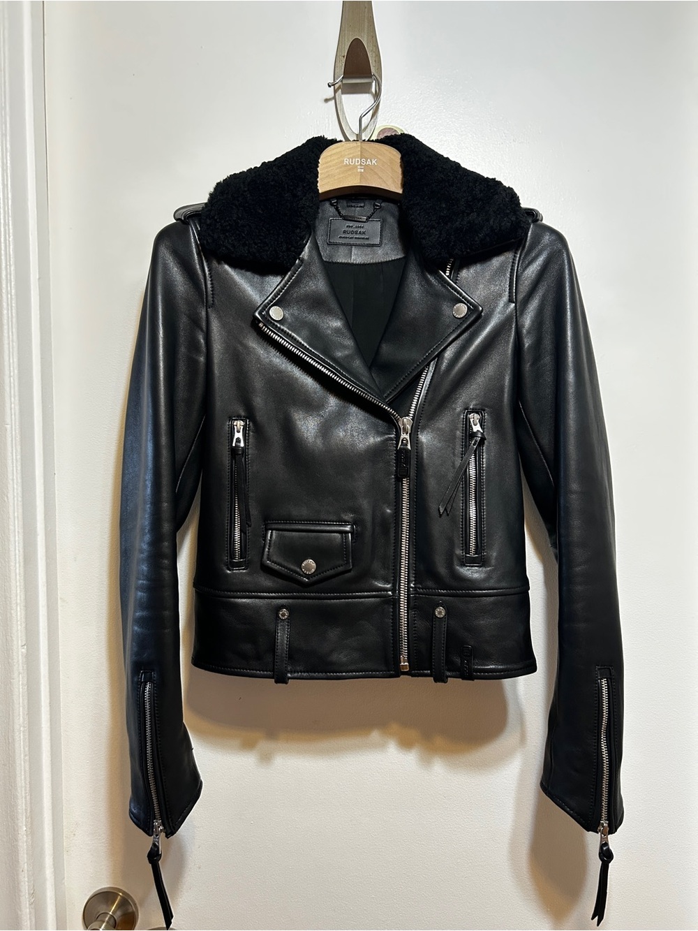 RUDSAK Black Leather Moto Jacket with Removable Shearling Collar
